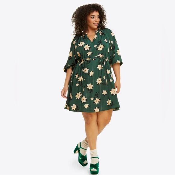 Draper James Kellie Babydoll Dress in Emerald Shimmer Magnolia Print 1X NWOT - Picture 1 of 7